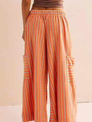 Coastal Stripe Cargo Culottes in Tangerine with side cargo pockets and elastic waist.