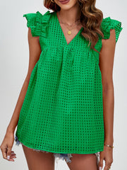 Dark green textured ruffle sleeve trapeze blouse with v-neck