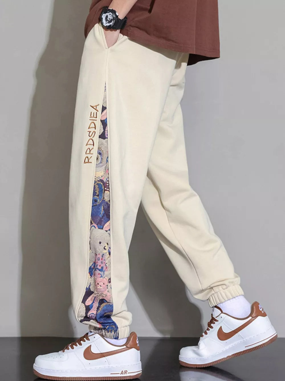 Men's Plus Size Bear Print Sweatpants in Tan, front view