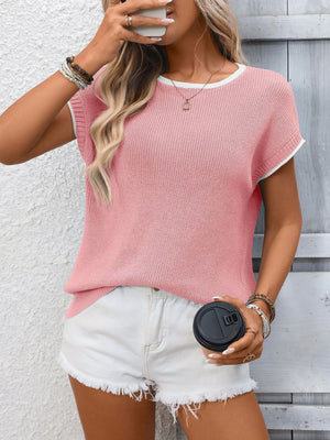 Pink ribbed knit short-sleeve top with white trim detail.