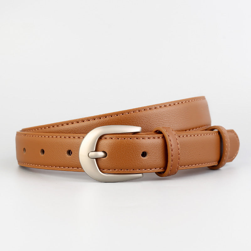 Timeless skinny cowhide leather belt in caramel with silver buckle