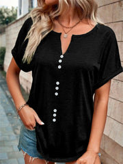 Black short sleeve t-shirt with V-neck and decorative buttons