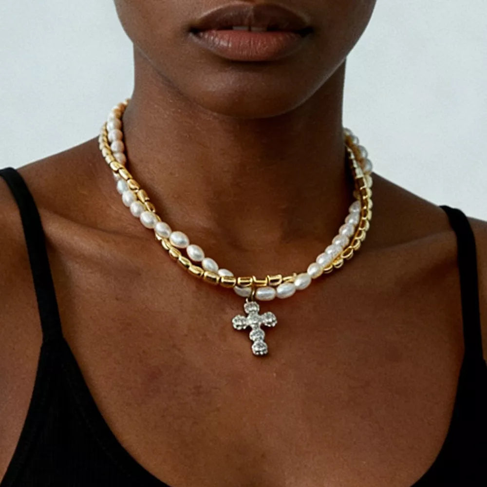 Elegant Pearl Alloy Necklace With Rhinestone Cross Pendant in Gold, model styling view
