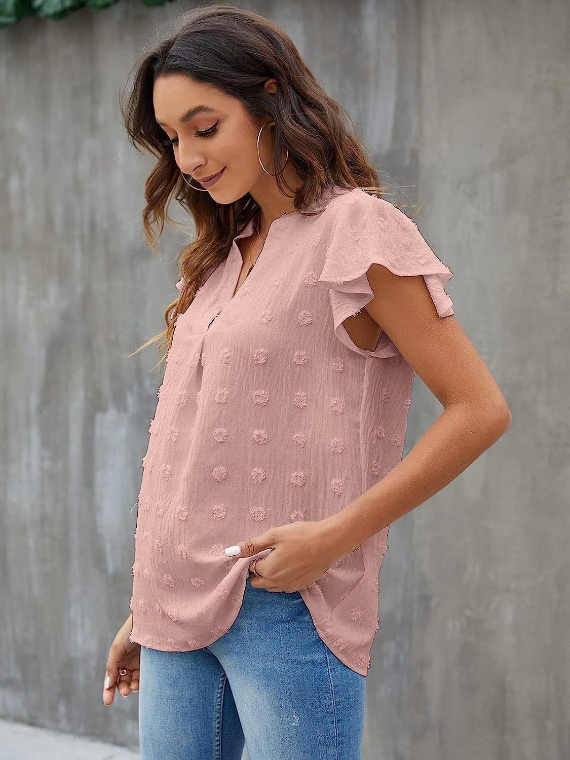 Dusty Pink Flutter Sleeve Swiss Dot Blouse with V-neck