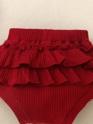 Red ribbed baby bloomers with tiered ruffle trim