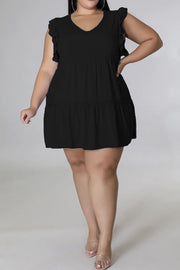 Black tiered ruffle babydoll mini dress with V-neck and short flutter sleeves.