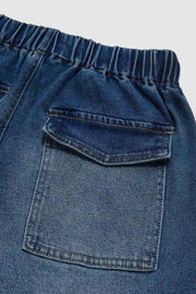 Elastic waist palazzo jeans in medium wash denim with a back patch pocket and contrast stitching.