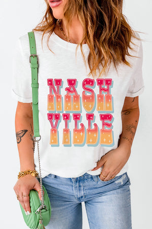 White t-shirt with retro Nashville sunset typography graphic.