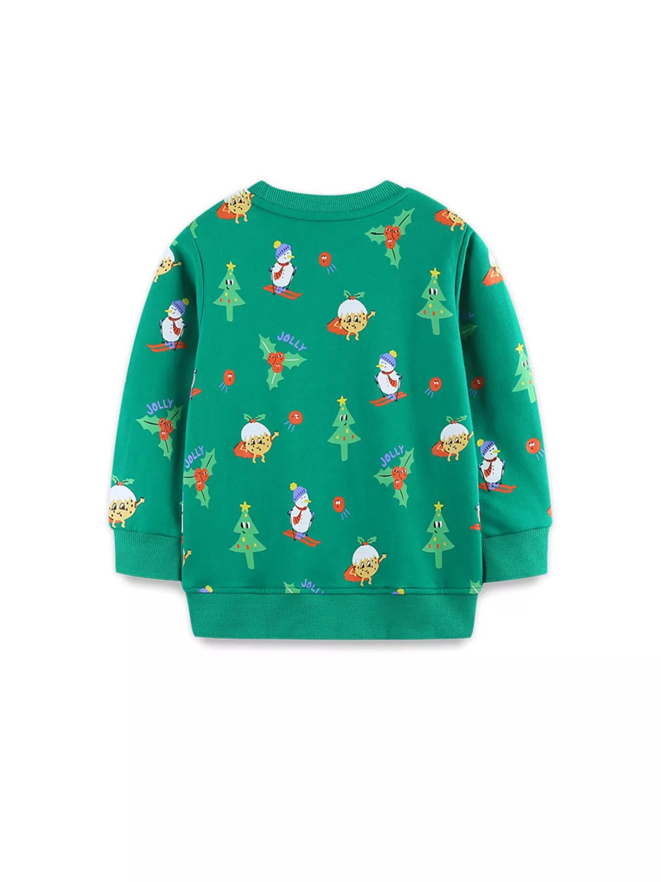 Kids green cotton sweatshirt with festive Christmas print of penguins, trees, and holly.