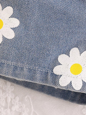 Children's Daisy Print Cami And Denim Shorts Set in Yellow, model styling view