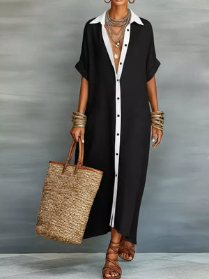 Short Sleeve Maxi Shirt Dress Plus Size in Khaki Color, back view