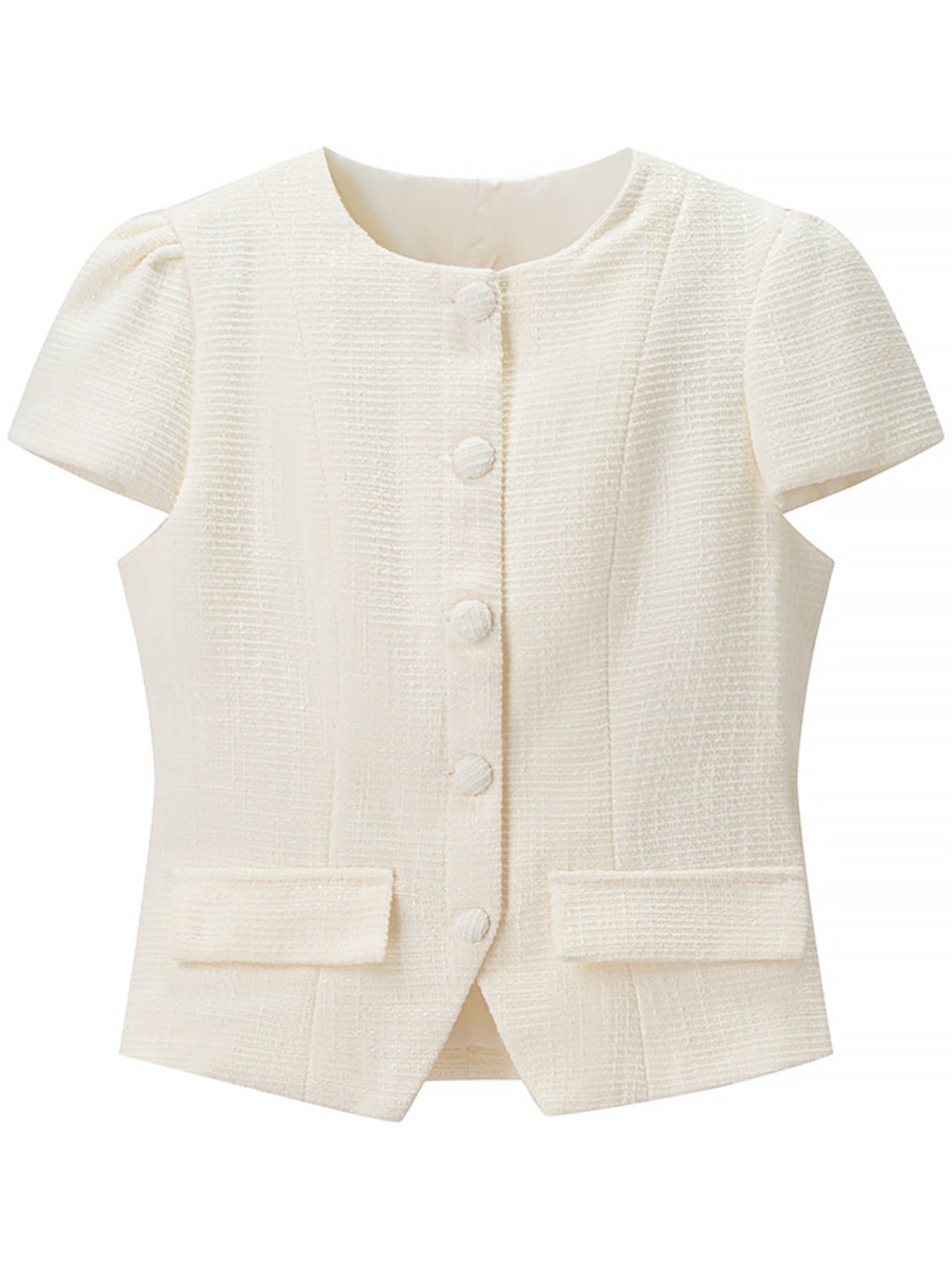 Textured cream button-down top with short puff sleeves and pocket details.