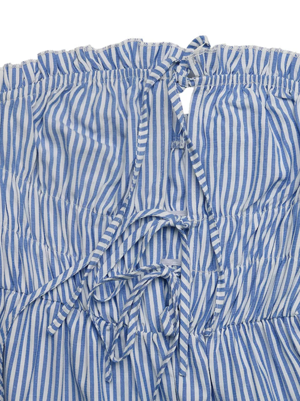 Blue striped strapless maternity romper with smocked waist and tie detail