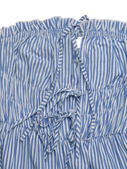 Blue striped strapless maternity romper with smocked waist and tie detail