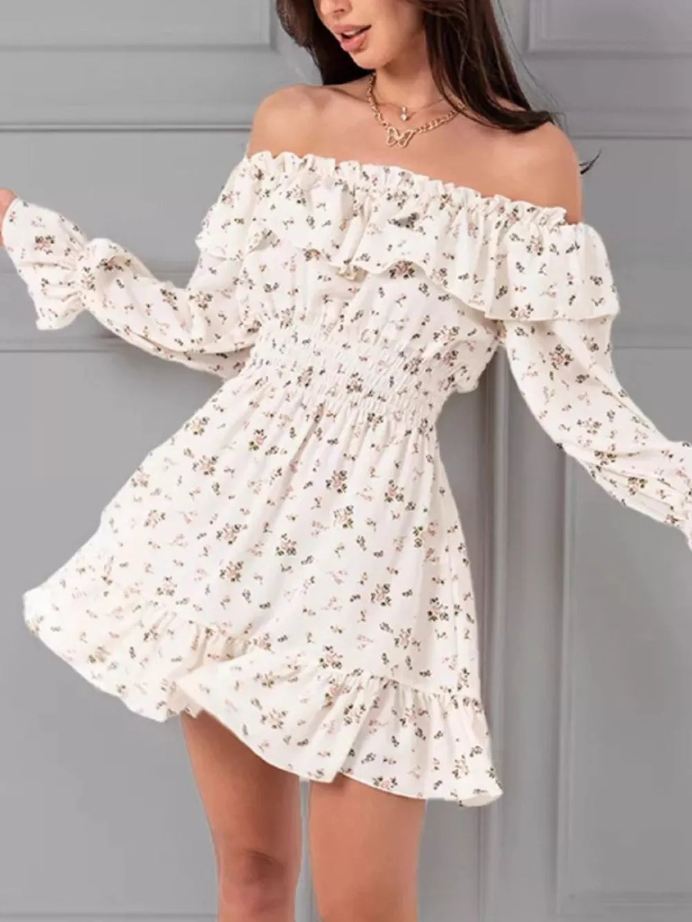 Off-shoulder Floral Ruffle Dress in Blue, front view