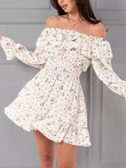 Off-shoulder Floral Ruffle Dress in Blue, front view