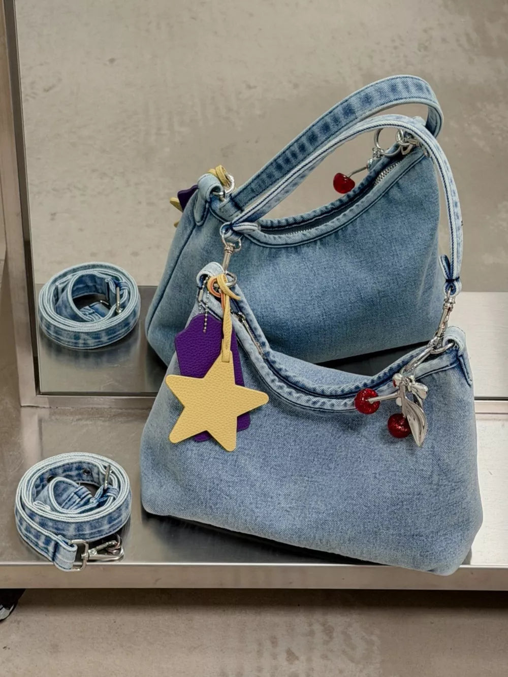 Star Charm Denim Shoulder Bag in Medium, front view