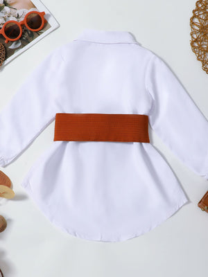 Toddler white belted long sleeve shirt dress with classic collar and button front.