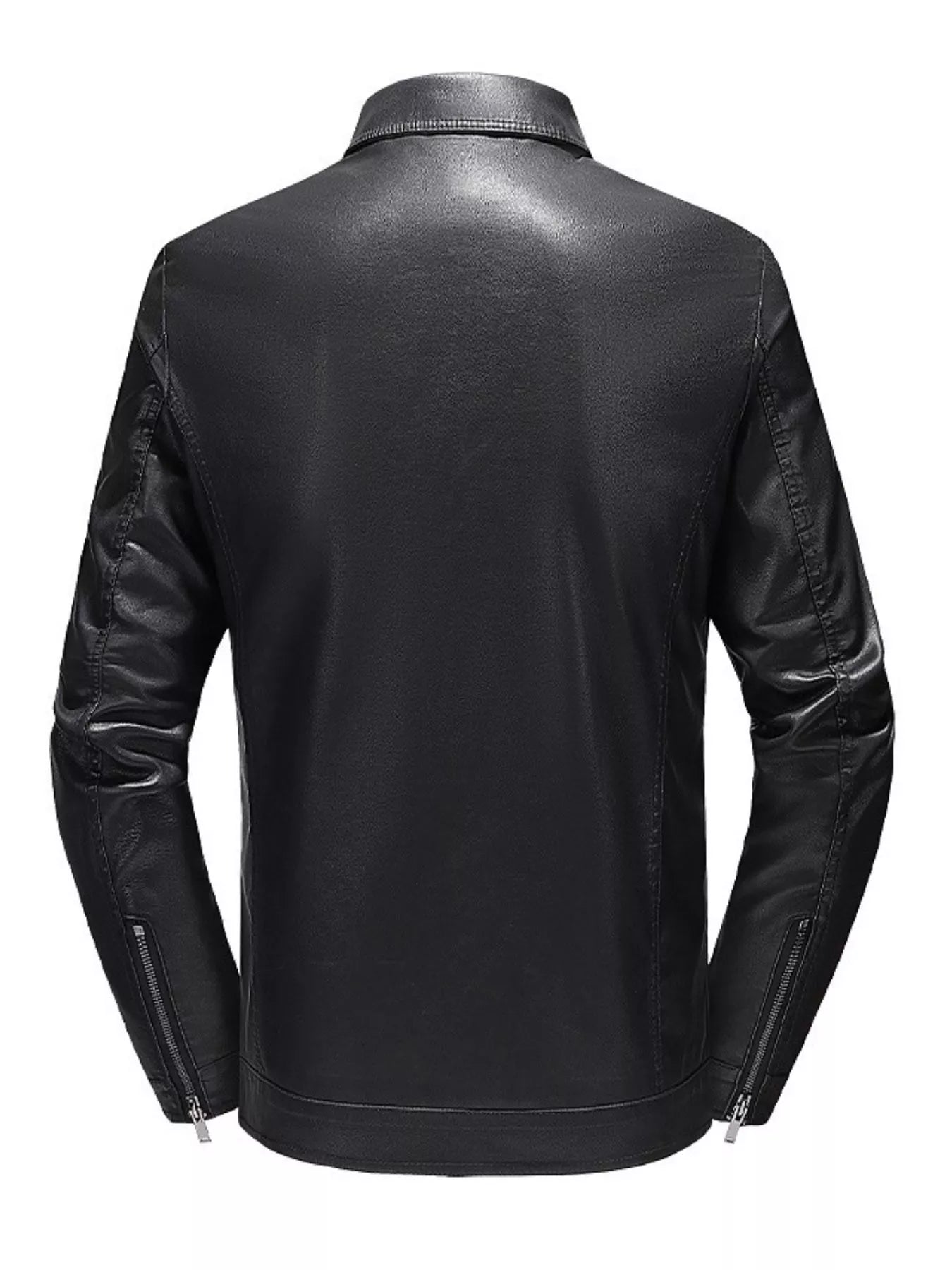 Black leather jacket with zip cuffs and a zip front closure.