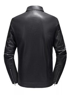Black leather jacket with zip cuffs and a zip front closure.