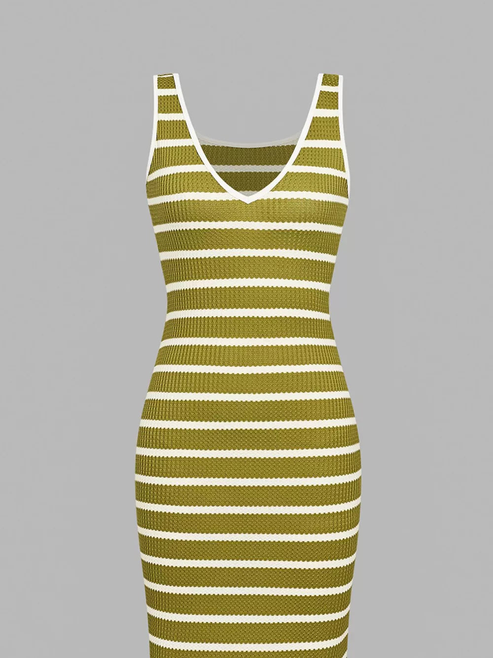 Ribbed striped midi dress in matcha color with V-neck and white trim.