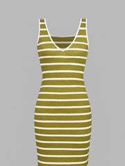 Ribbed striped midi dress in matcha color with V-neck and white trim.