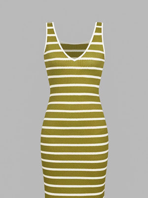 Ribbed striped midi dress in matcha color with V-neck and white trim.