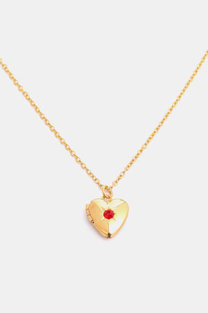 Gold heart locket necklace with red gemstone and 14k gold chain