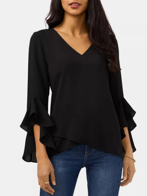 Black chiffon V-neck blouse with flared tiered sleeves.