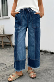 Drawstring Raw Hem Wide Leg Denim Pants, close-up detail