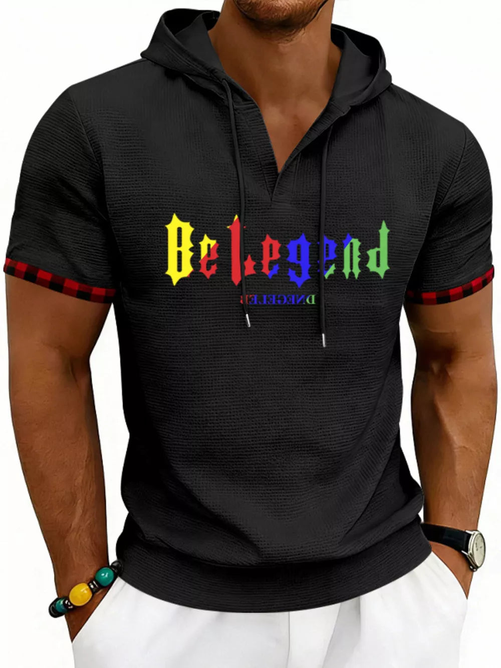 Men's Full Size Letter Graphic Short Sleeve Hooded Top in Royal Blue, front view