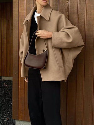 Oversized Lapel Collar Button-down Coat in Brown, editorial view