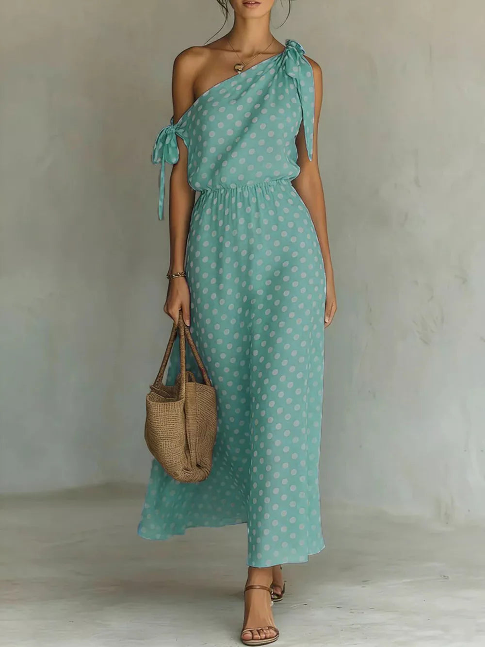 Sage polka dot one-shoulder maxi dress with cinched waist and tie details.