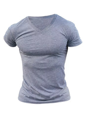 Men's Full Size V-neck Slim Fit Casual T-shirt in Light Gray, fabric detail