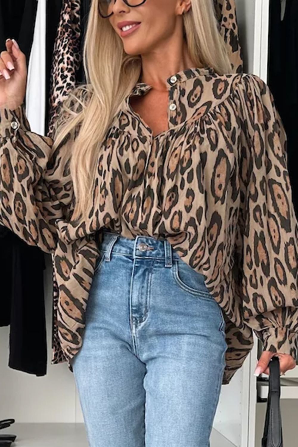 Caramel leopard print blouse with balloon sleeves and button neckline