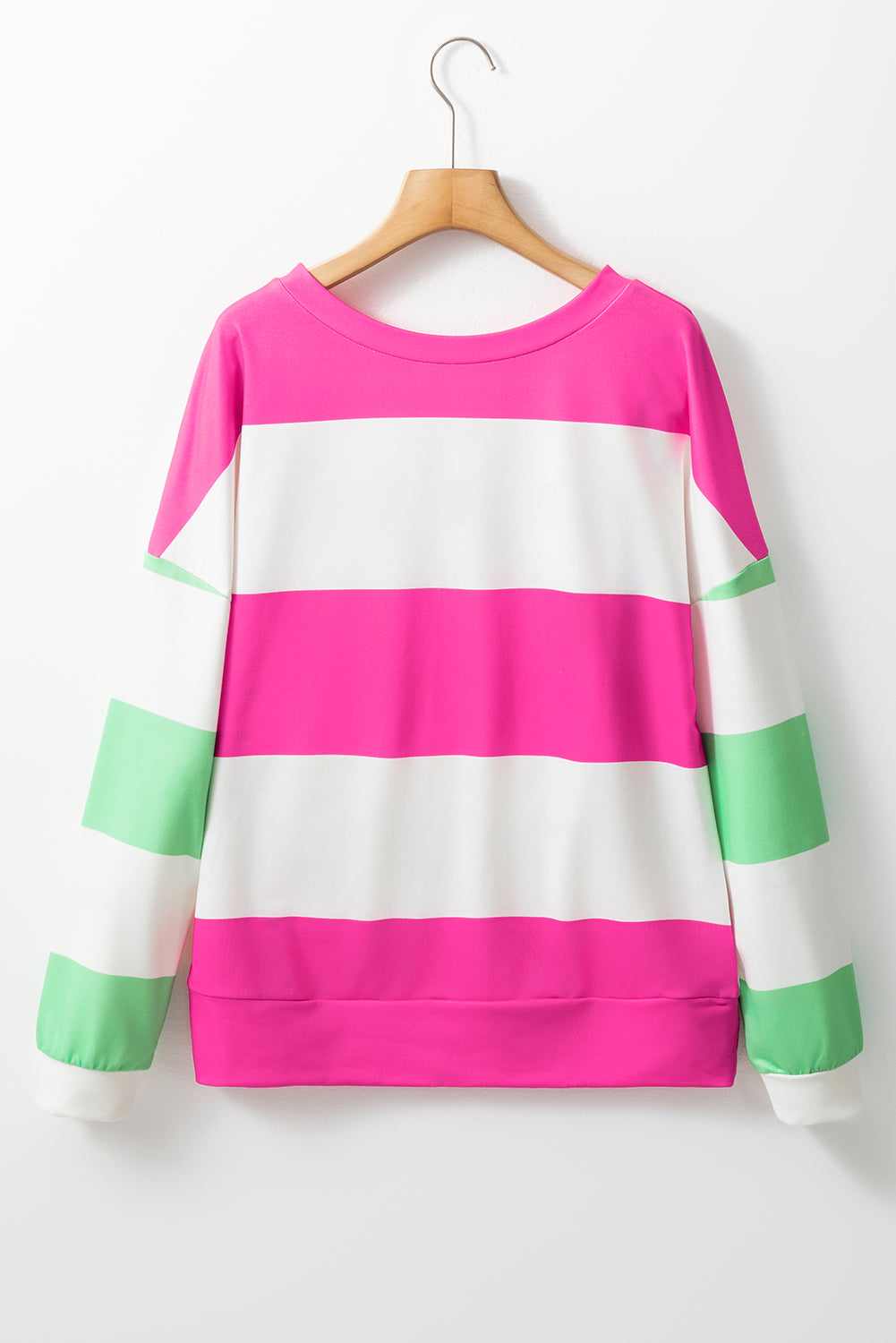 Striped sweatshirt in hot pink, white, and light green with a crew neck and long sleeves.