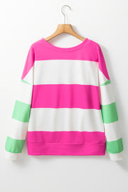 Striped sweatshirt in hot pink, white, and light green with a crew neck and long sleeves.