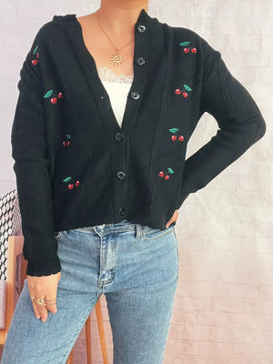 Black button up cardigan with cherry embroidery, V-neck, long sleeves.