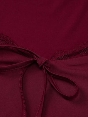 Wine red t-shirt with lace trim and tie-front detail