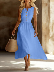 Sky blue button front flowy midi dress with V-neck and sleeveless design.