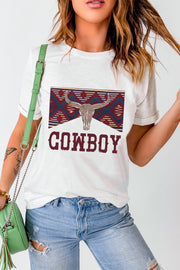 White t-shirt with cowboy skull graphic and geometric pattern, short sleeves