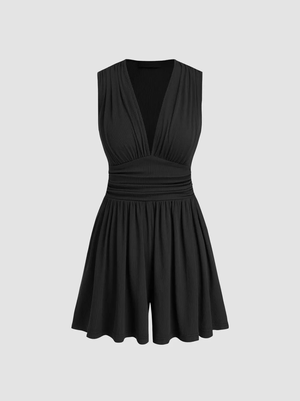 Black ruched deep V-neck romper with cinched waist and a-line shorts.