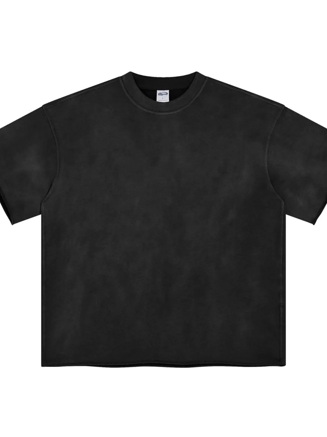 Black boxy t-shirt with raw edge hem and crew neck.
