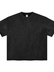 Black boxy t-shirt with raw edge hem and crew neck.