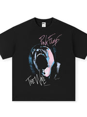 Black cotton t-shirt with Pink Floyd The Wall graphic print and pink text.