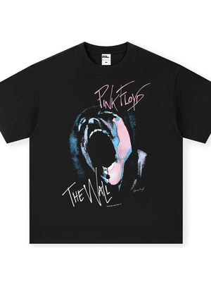 Black cotton t-shirt with Pink Floyd The Wall graphic print and pink text.
