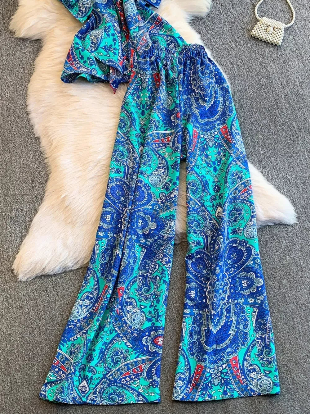 Chic cami and wide-leg pants set in Royal Blue paisley print.