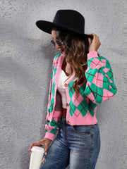 Argyle neon cropped cardigan in pink and green with button front.