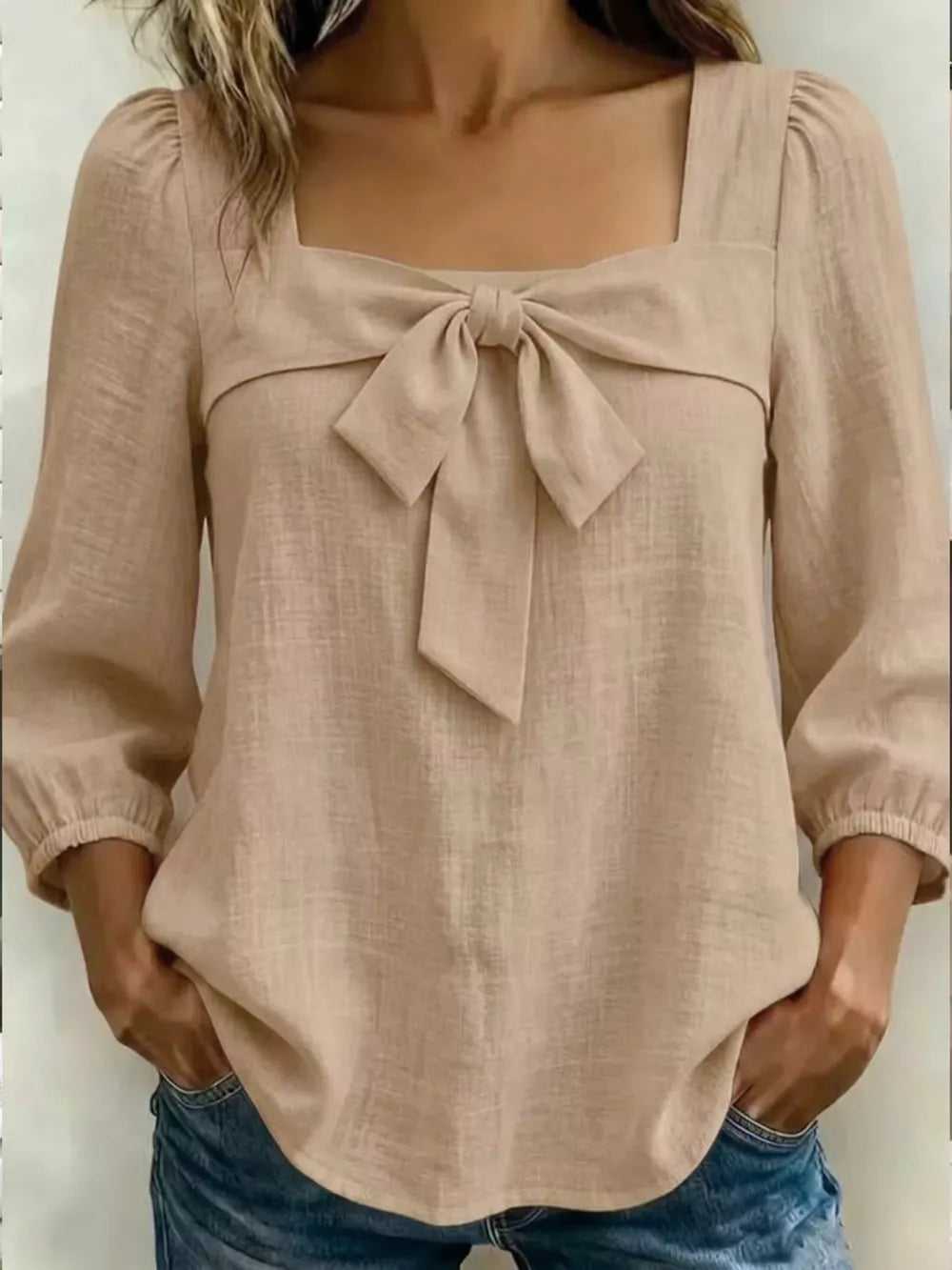 Full Size Bow Front Square Neck Blouse Plus Size, alternate angle