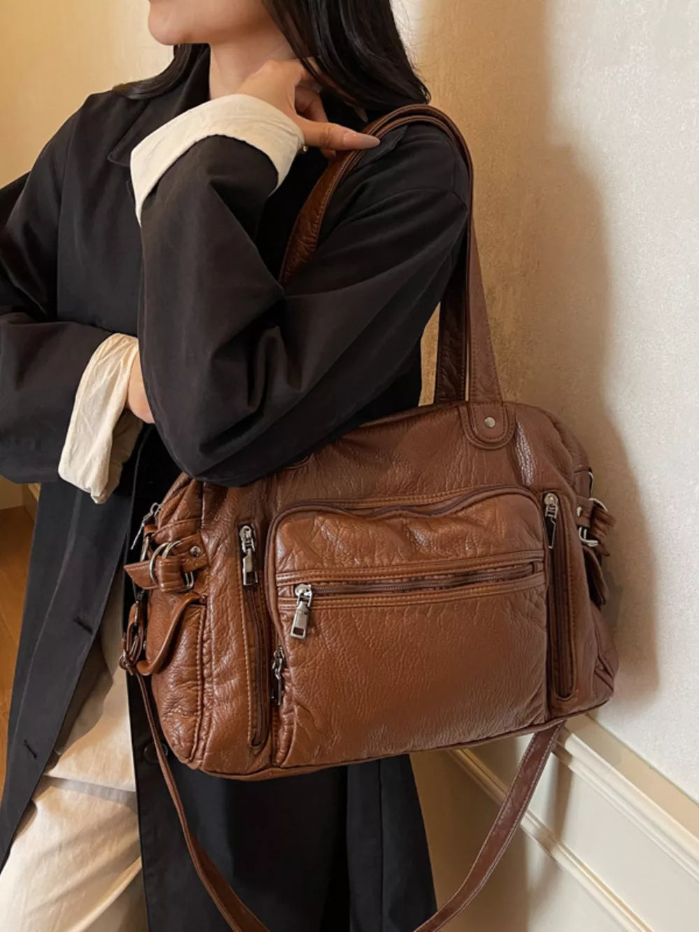 Textured Multi-pocket Pu Leather Shoulder Bag